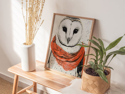 Owl in Scarf Poster | Black and Coral Pen and Ink Art Print | Cottagecore Wall Art — styled in an interior