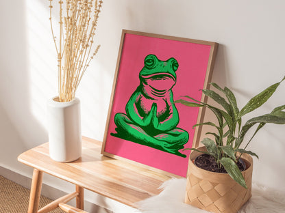 Toad Finds Peace Poster | Green and Pink Illustrative Art Print | Meditation Wall Art — styled in an interior