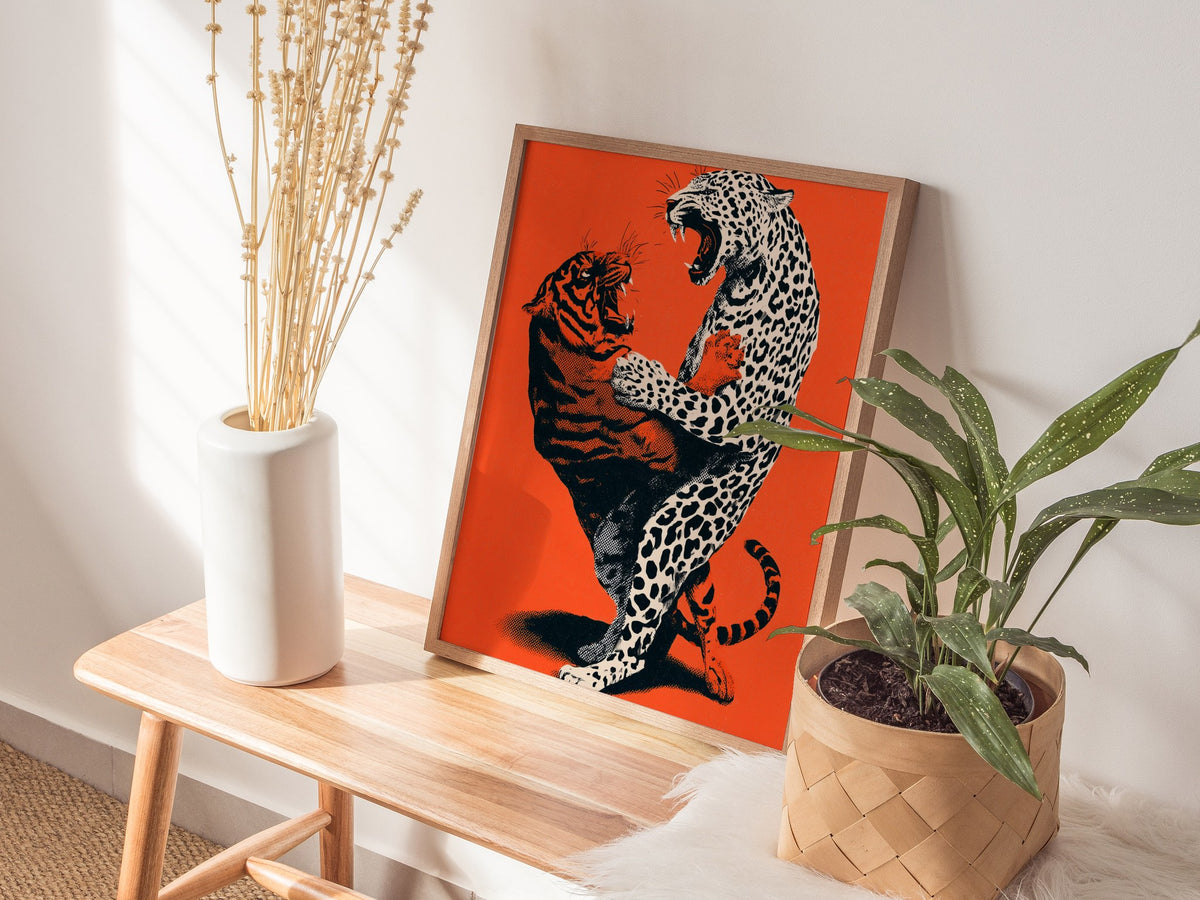 Leopard Battles Tiger Poster | Vermilion and Black Screen Print Art Print | Dark Fantasy Wall Art — styled in an interior