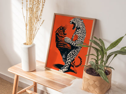 Leopard Battles Tiger Poster | Vermilion and Black Screen Print Art Print | Dark Fantasy Wall Art — styled in an interior