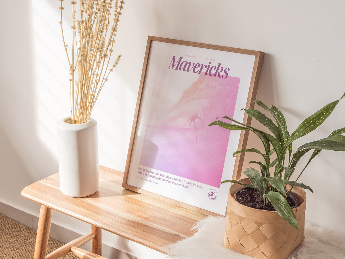 Mavericks - Retro Poster | Surf Art Print — styled in an interior