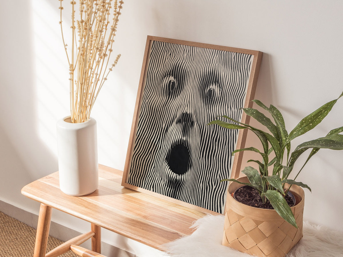 Panic Face Poster | Black and Cream Pen and Ink Art Print | Dark Art Wall Art — styled in an interior