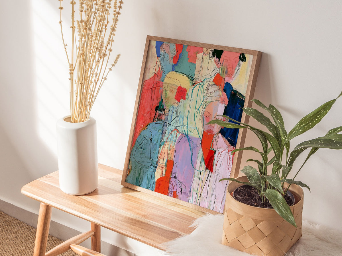 Seven Women Stand Poster | Coral and Pink Illustrative Art Print | Feminist Art Wall Art — styled in an interior