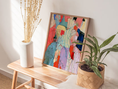 Seven Women Stand Poster | Coral and Pink Illustrative Art Print | Feminist Art Wall Art — styled in an interior