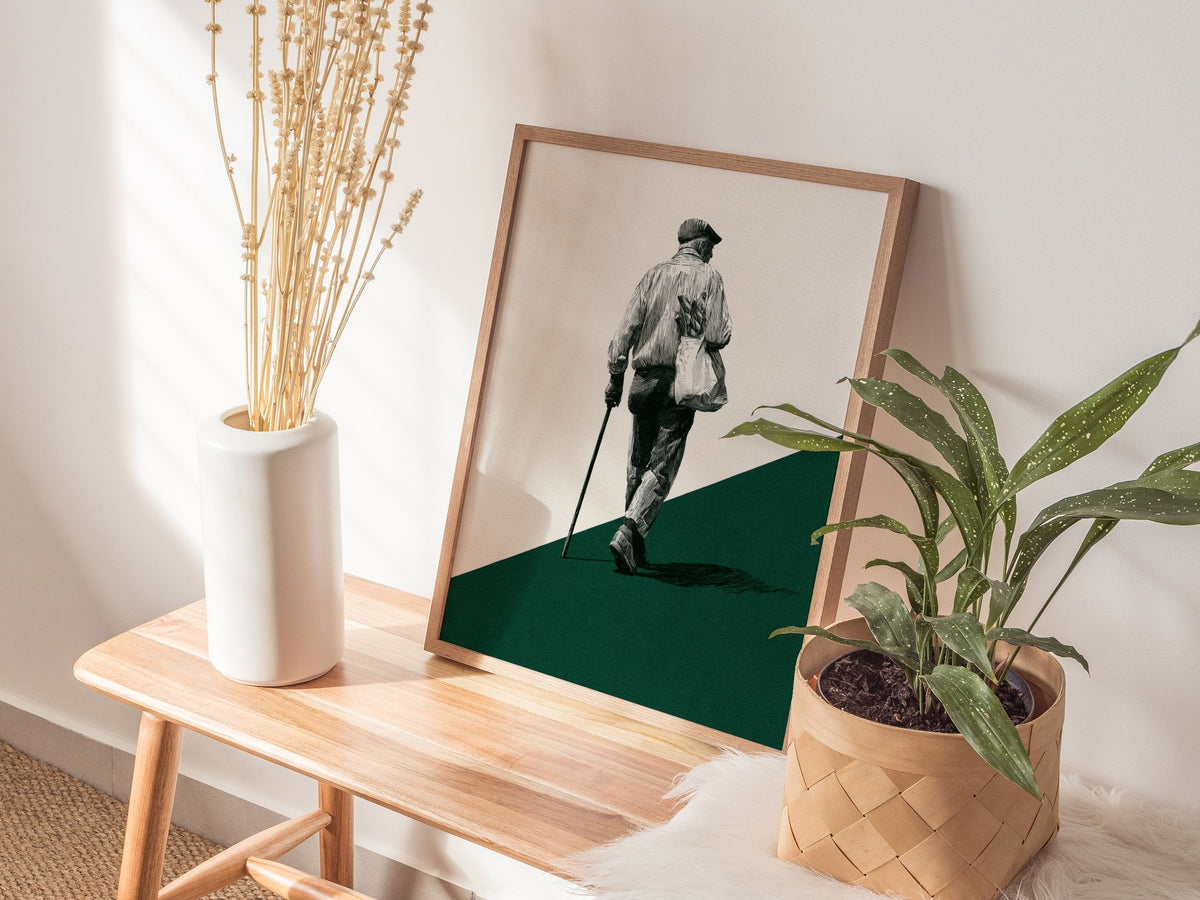 Walking with Bread Poster | Cream and Forest Pen and Ink Art Print | Minimalist Wall Art — styled in an interior