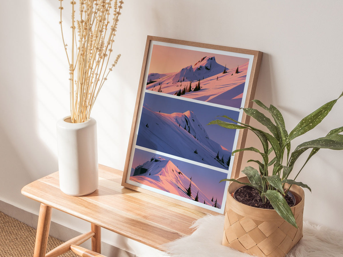Mountain Waits Dusk Poster | Peach and Lavender Illustrative Art Print | Alpine Minimalist Wall Art — styled in an interior