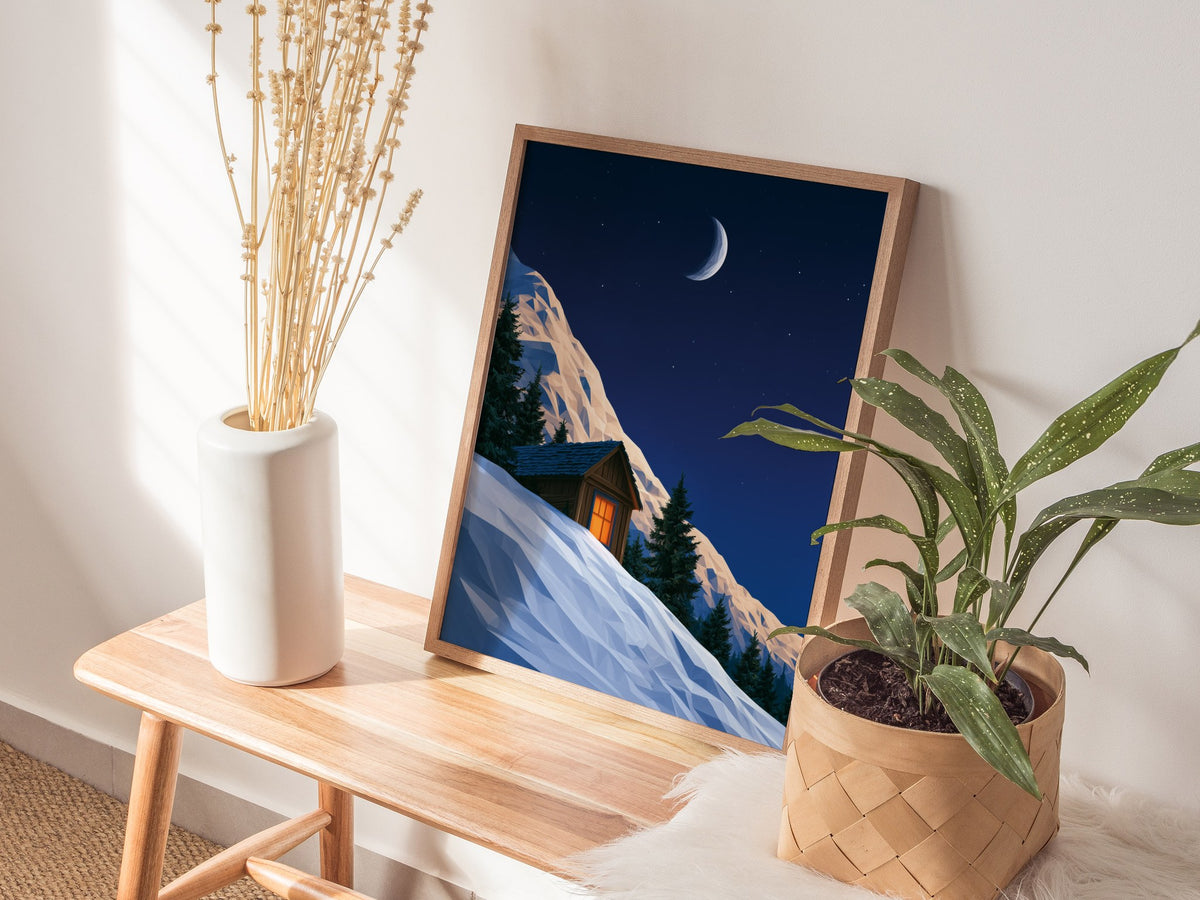Mountain Cabin Waits Poster | Cobalt and Orange Low Poly Art Print | Mountain Modern Wall Art — styled in an interior