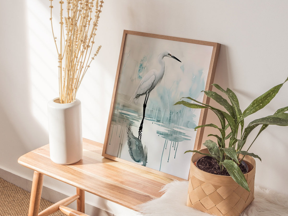 Wading Bird Poster | Sage and Cream Japanese Watercolor Art Print | Minimalist Wall Art — styled in an interior
