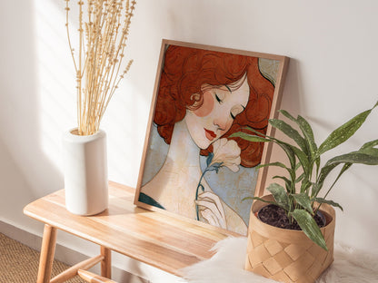 Woman Holds Flower Poster | Coral and Cream Illustrative Art Print | Art Deco Wall Art — styled in an interior