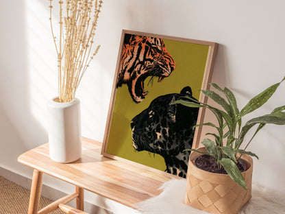 Tiger Taunts Panther Poster | Chartreuse and Black Screen Print Art Print | Graphic Design Wall Art — styled in an interior