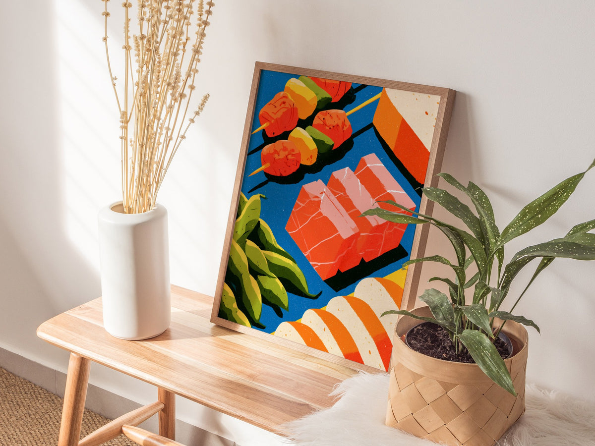 Japanese Seafood Still Life Poster | Cobalt and Coral Illustrative Art Print | Kitchen Wall Art — styled in an interior