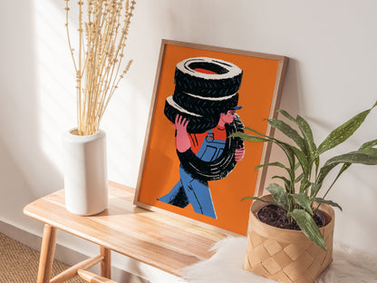 Mechanic Carries Tires Poster | Orange and Blue Illustrative Art Print | Workshop Wall Art — styled in an interior