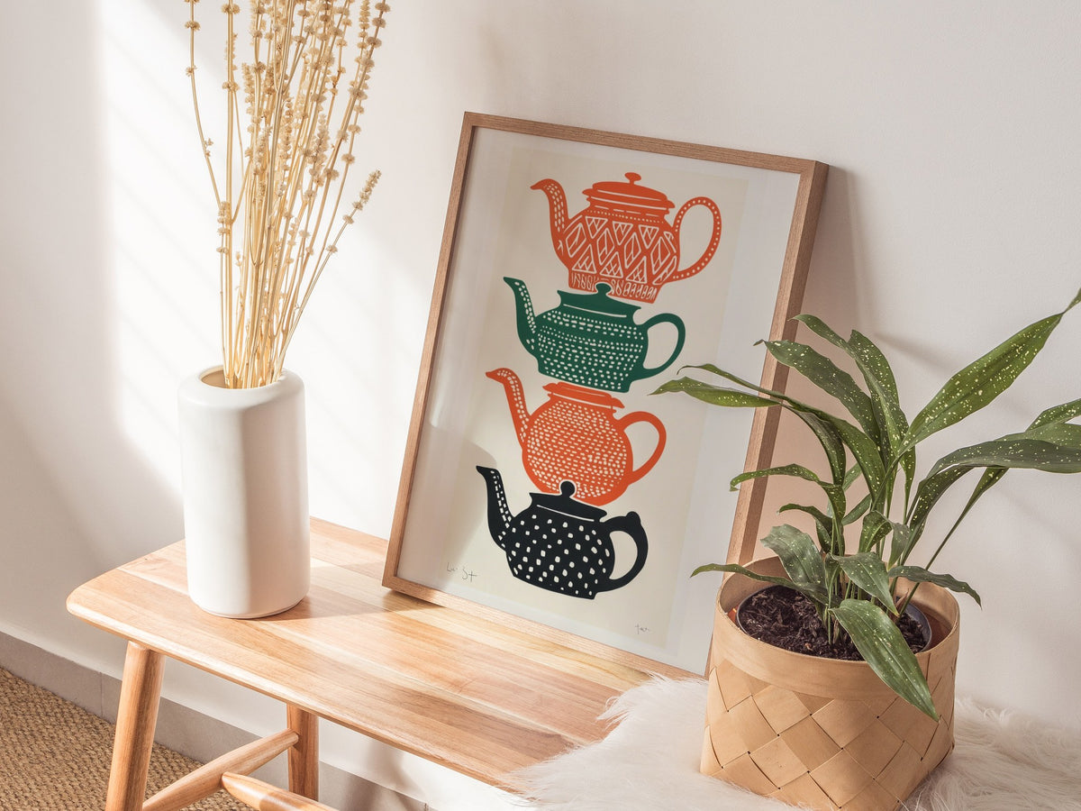 Stacked Teapots Poster | Burnt Orange Screen Print Art Print | Kitchen Wall Art — styled in an interior