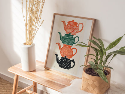 Stacked Teapots Poster | Burnt Orange Screen Print Art Print | Kitchen Wall Art — styled in an interior