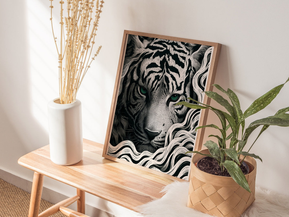 White Tiger Surfaces Poster | Black and Cream Pen and Ink Art Print | Dark Academia Wall Art — styled in an interior