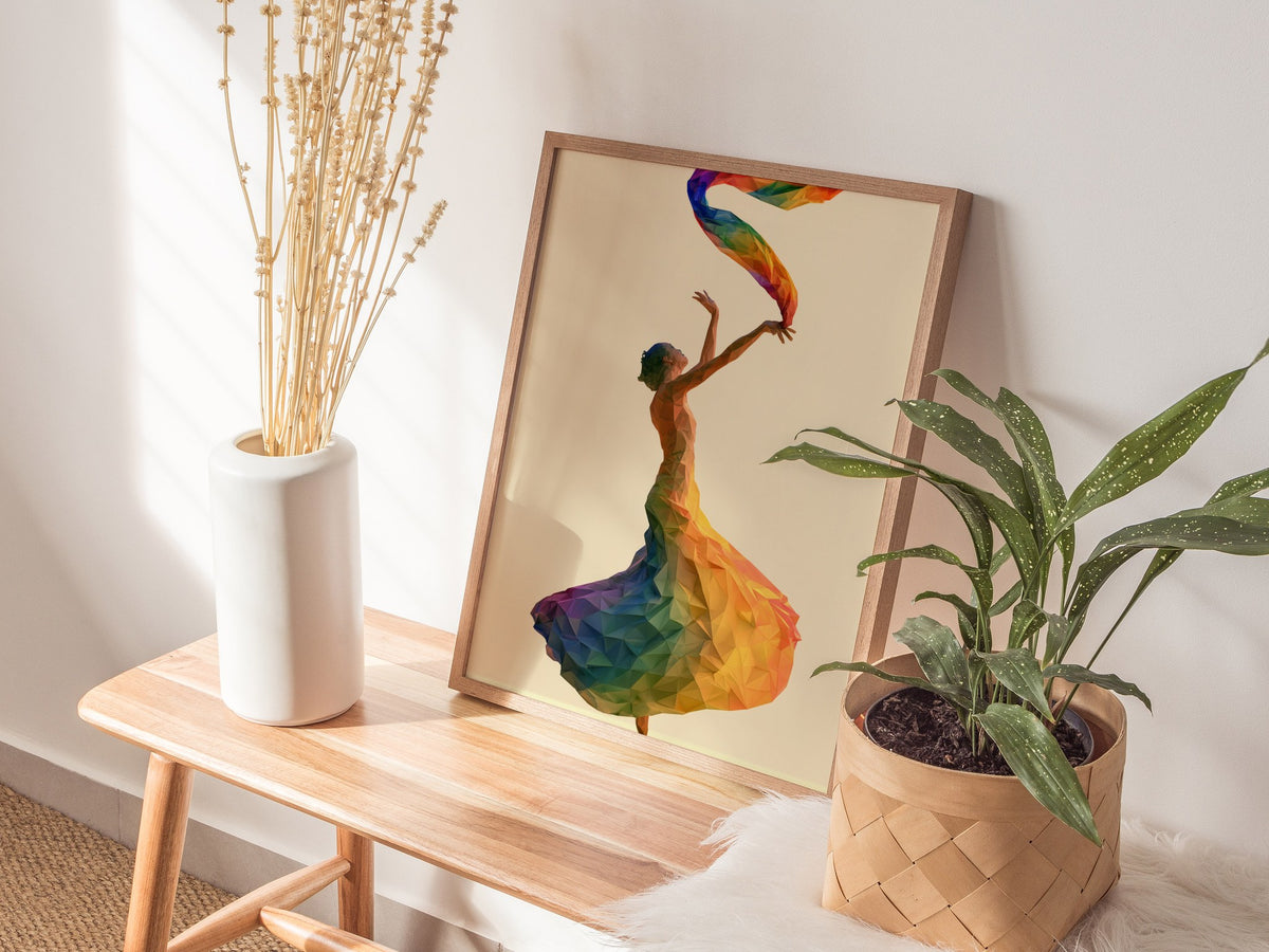 Dancer Unfurls Rainbow Poster | Rainbow Jewel Tones Low Poly Art Print | Modern Minimalist Wall Art — styled in an interior