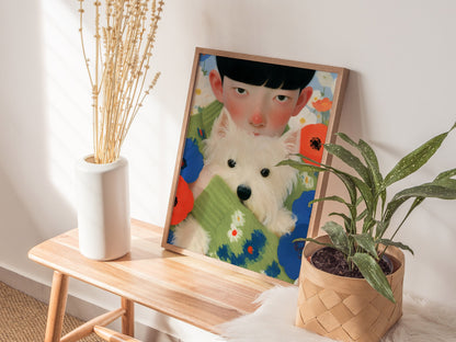 Boy With Westie Poster | Blue and Green Illustrative Art Print | Contemporary Wall Art — styled in an interior