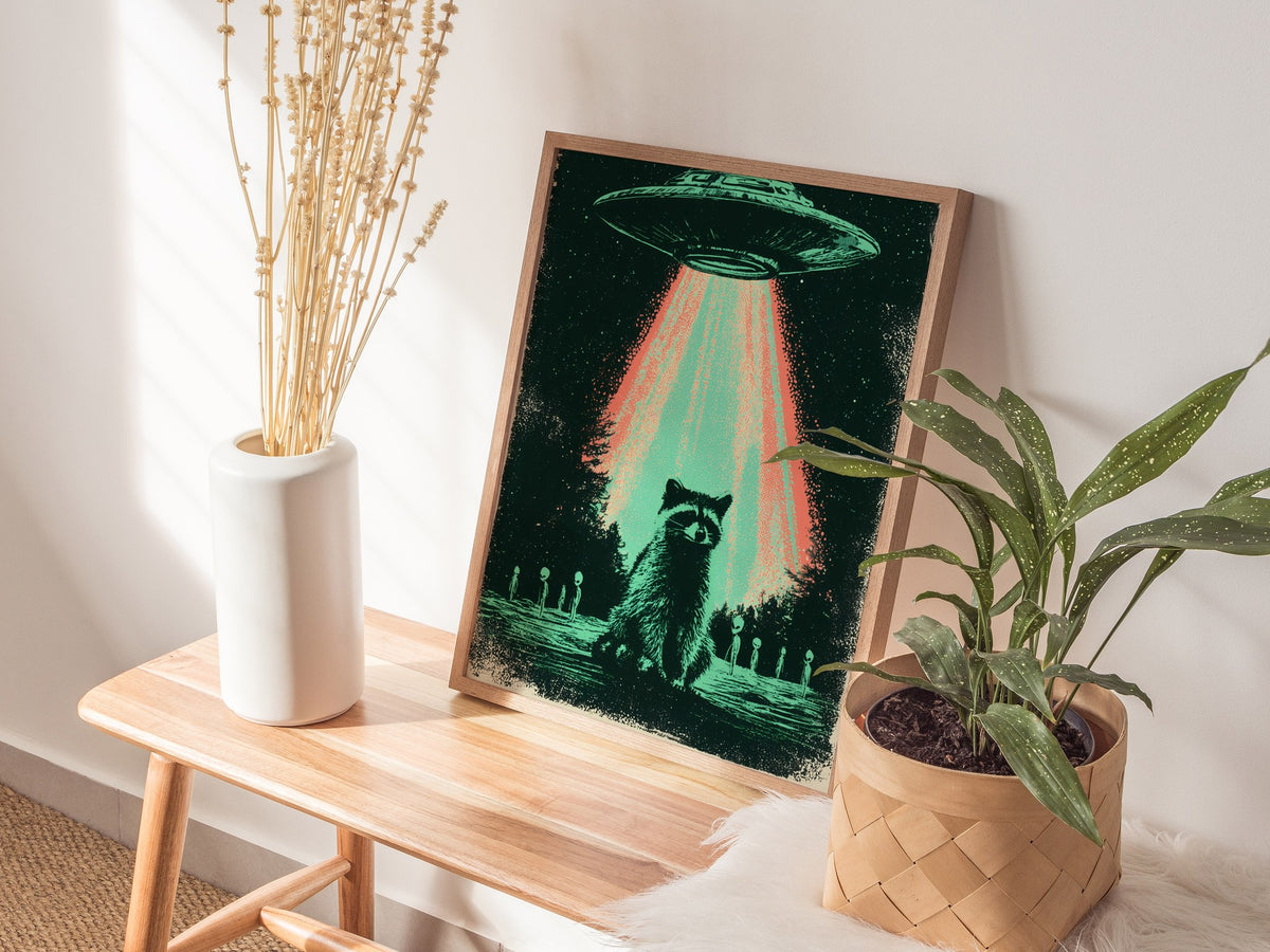 Raccoon Rules Stars Poster | Teal and Black Screen Print Art Print | Science Fiction Wall Art — styled in an interior