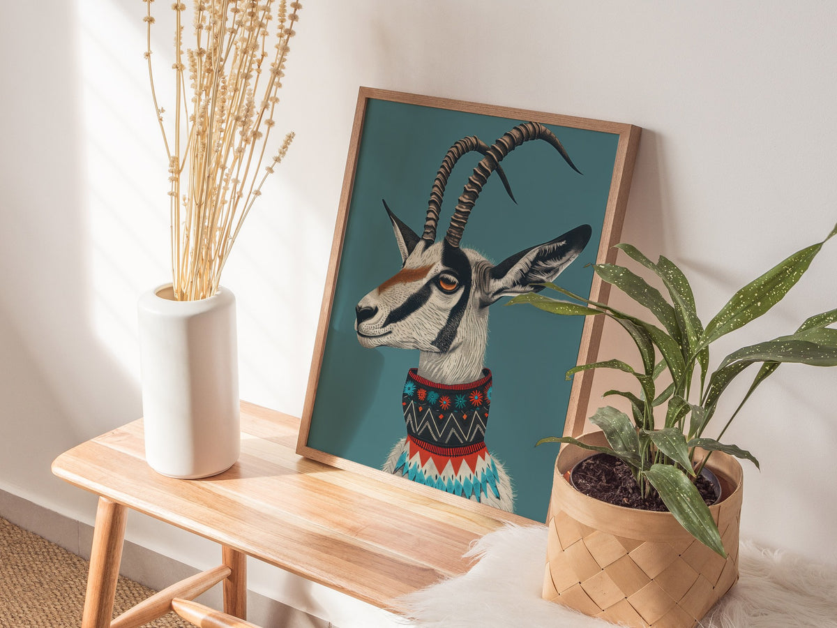 Gazelle Wears Collar Poster | Teal and Gray Illustrative Art Print | Modern Minimalist Wall Art — styled in an interior
