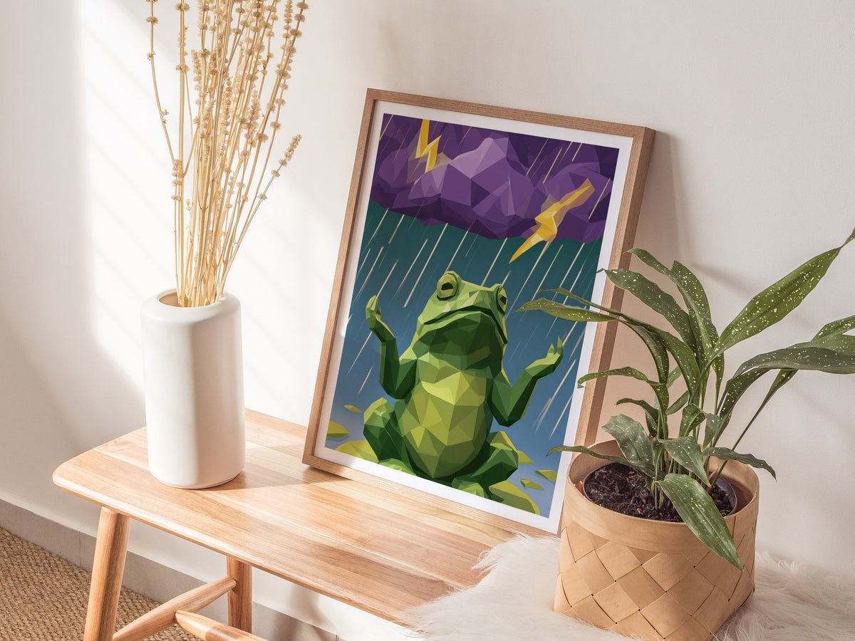 Toad Conducts Rain Poster | Green and Purple Low Poly Art Print | Kids Room Wall Art — styled in an interior