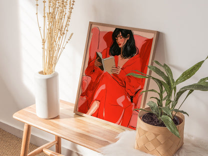 Woman Reading In Red Poster | Coral and Pink Illustrative Art Print | Quiet Interiors Wall Art — styled in an interior