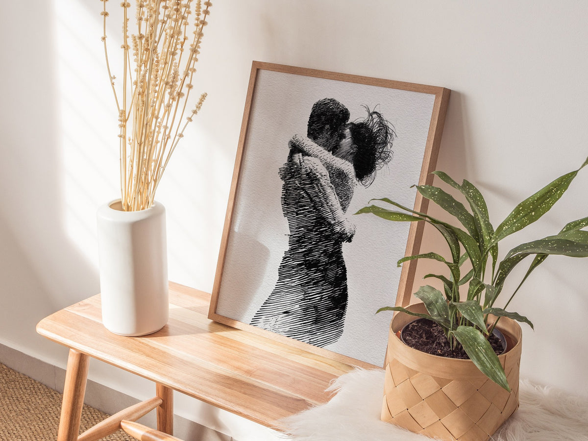 Lovers Almost Kiss Poster | Black and Cream Pen and Ink Art Print | Romantic Wall Art — styled in an interior