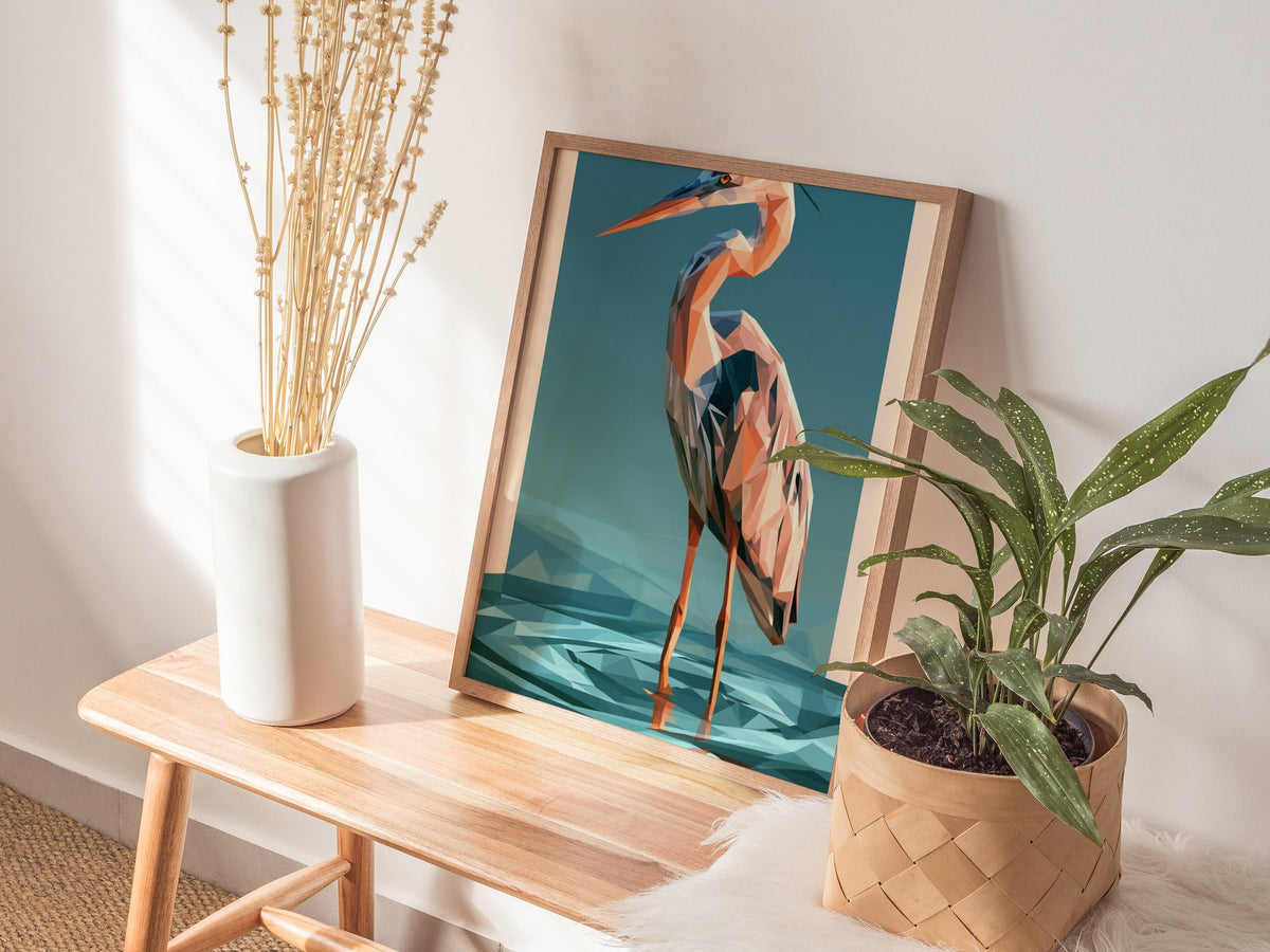 Heron Stands Lagoon Poster | Teal and Orange Low Poly Art Print | Modern Minimalist Wall Art — styled in an interior