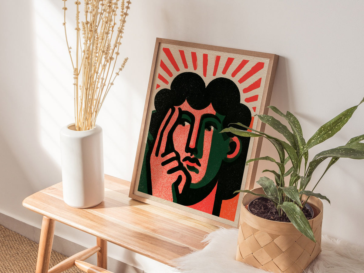 Thinker Touches Temple Poster | Coral and Green Screen Print Art Print | Modernist Wall Art — styled in an interior