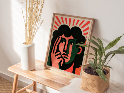 Thinker Touches Temple Poster | Coral and Green Screen Print Art Print | Modernist Wall Art — styled in an interior