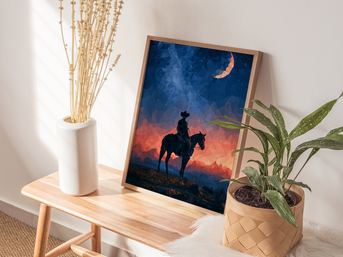 Cowboy Owns Night Poster | Deep Blue Low Poly Art Print | Western Modern Wall Art — styled in an interior