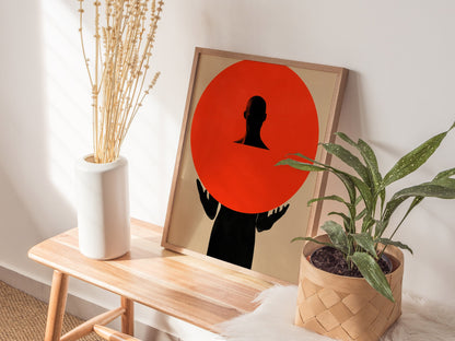 Figure Holding Geometry Poster | Coral and Black Minimalism Art Print | Minimalist Wall Art — styled in an interior