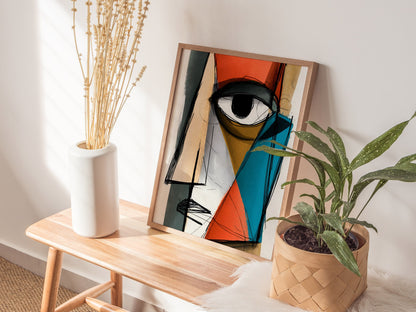 Fractured Gaze Poster | Teal and Burnt Illustrative Art Print | Modern Art Collectors Wall Art — styled in an interior