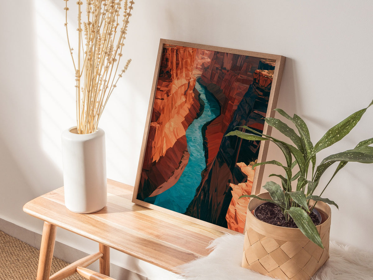 Canyon Holds River Poster | Turquoise and Ochre Low Poly Art Print | Modern Minimalist Wall Art — styled in an interior