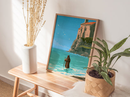 Pilgrim Touches Shore Poster | Turquoise and Earth Pixel Art Print | Retro Gaming Wall Art — styled in an interior