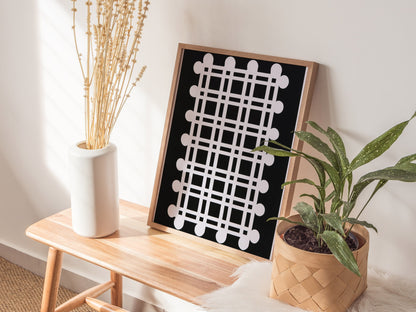 woven-grid Poster | Black and White Minimalism Art Print | Minimalist Wall Art — styled in an interior