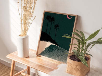 Moon Breaks Wave Poster | Green and Pink Screen Print Art Print | Surf Wall Art — styled in an interior