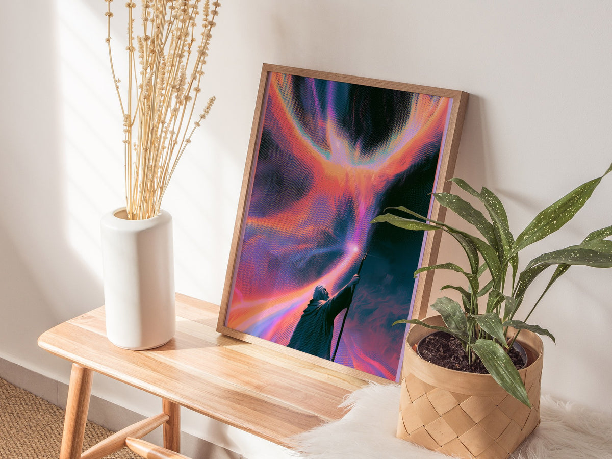 Wizard Channels Phoenix Poster | Cyan and Magenta Screen Print Art Print | Dark Fantasy Wall Art — styled in an interior