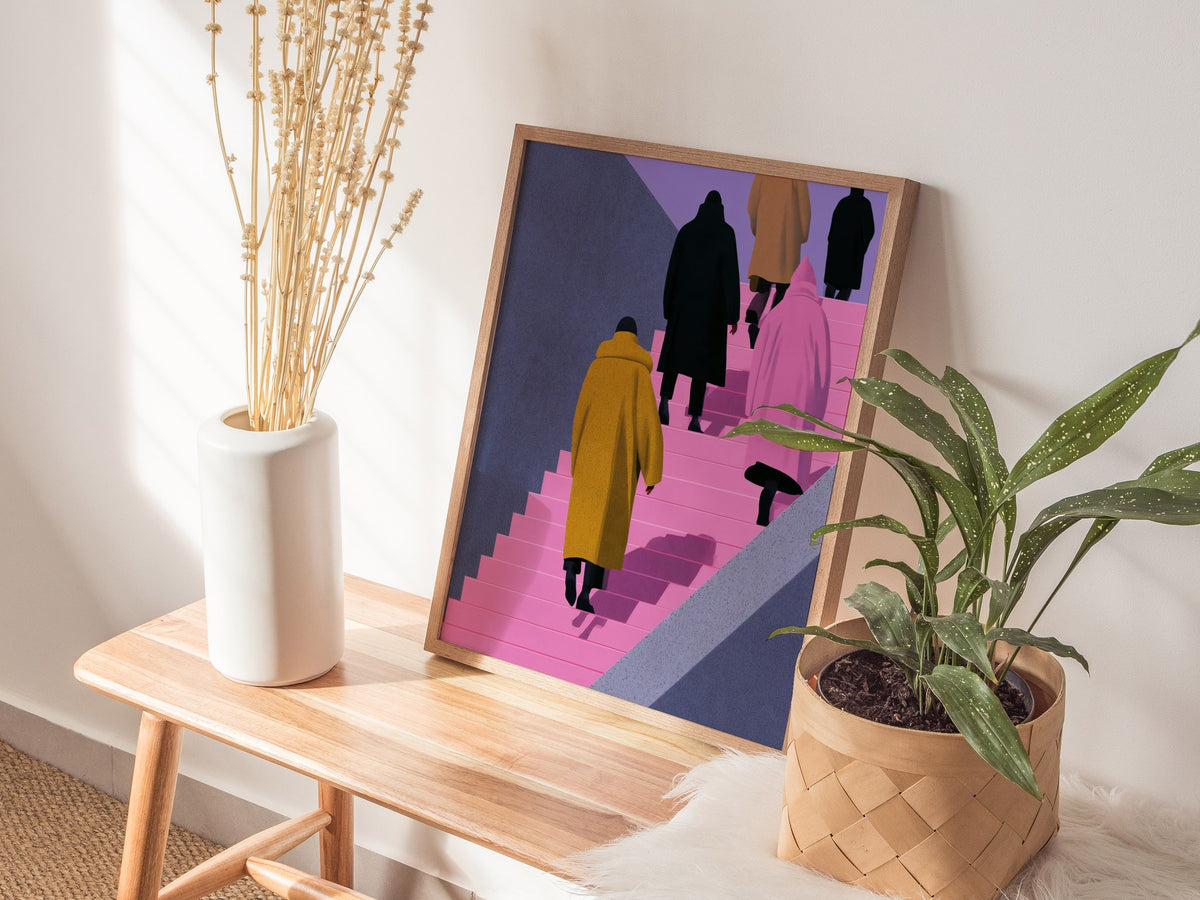 Figures Ascending Pink Poster | Pink and Purple Illustrative Art Print | Urban Minimalist Wall Art — styled in an interior