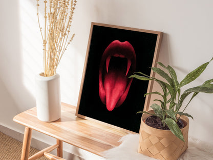 Vampire Smile Poster | Red and Black Pen and Ink Art Print | Goth Wall Art — styled in an interior