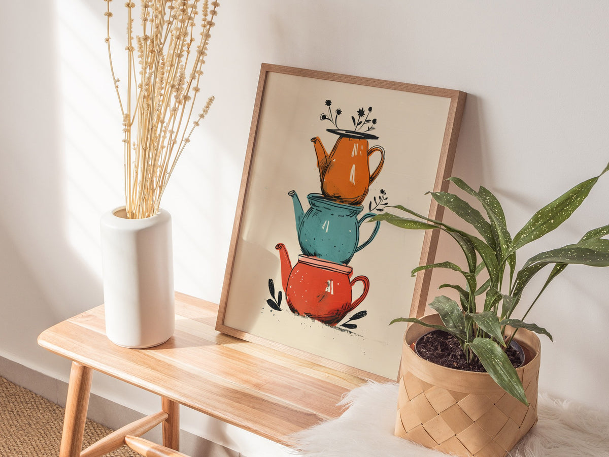Stacked Teapots Poster | Coral and Teal Illustrative Art Print | Kitchen Wall Art — styled in an interior