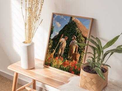 Gardeners Compare Notes Poster | Cream and Poppy Low Poly Art Print | Cottagecore Wall Art — styled in an interior