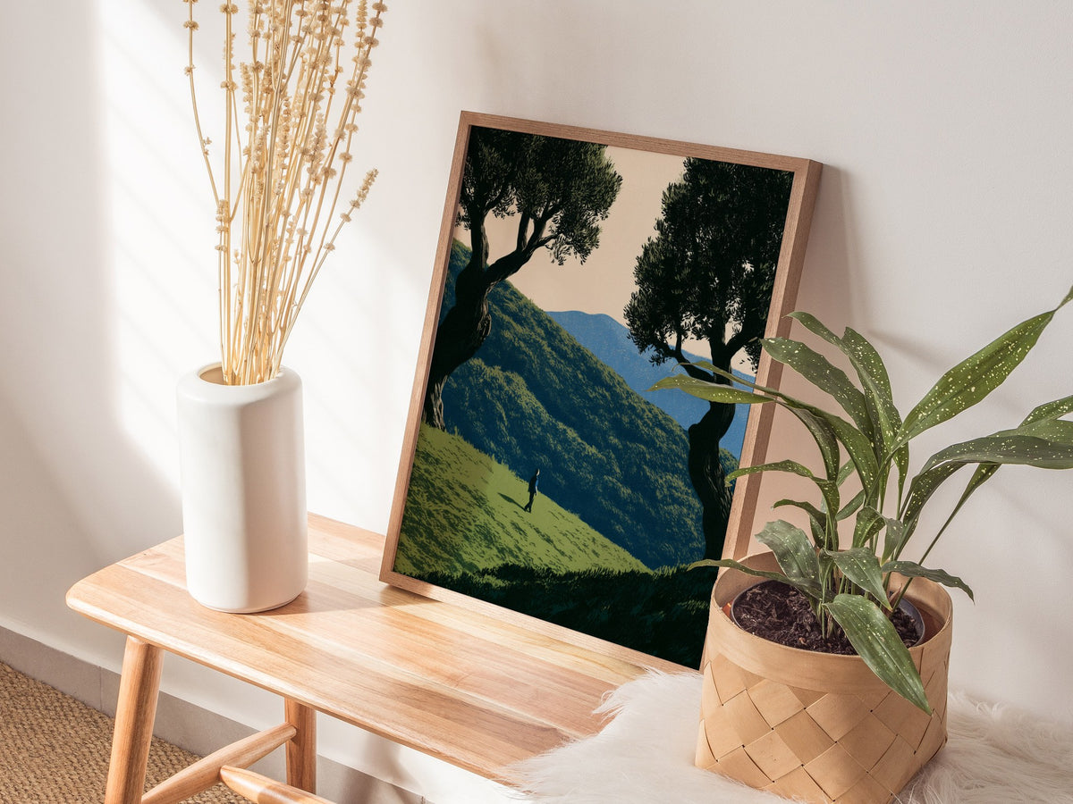 Child Climbs Green Slope Poster | Green and Sage Illustrative Art Print | Kids Room Wall Art — styled in an interior