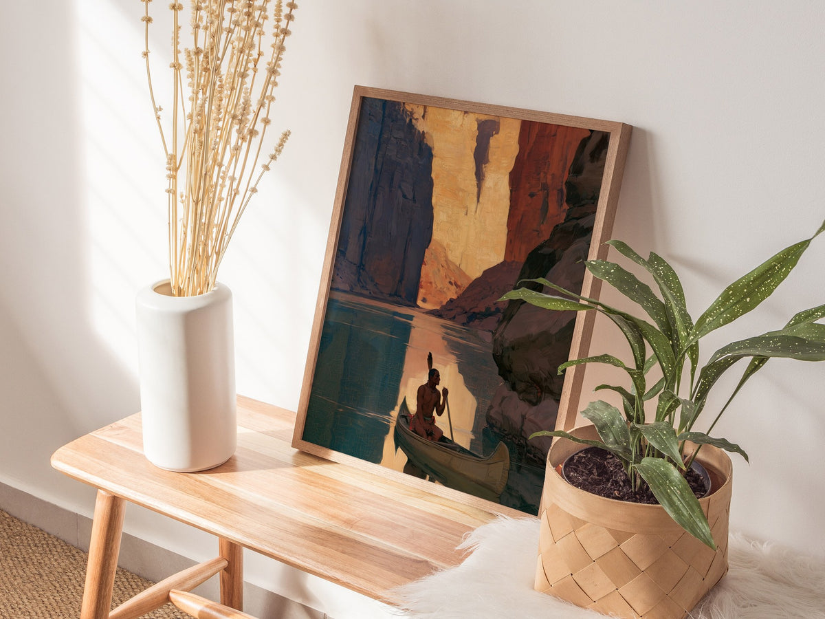 canoe-in-canyon-light Poster | Amber and Shadow Oil Painting Art Print | Adventure Wall Art — styled in an interior