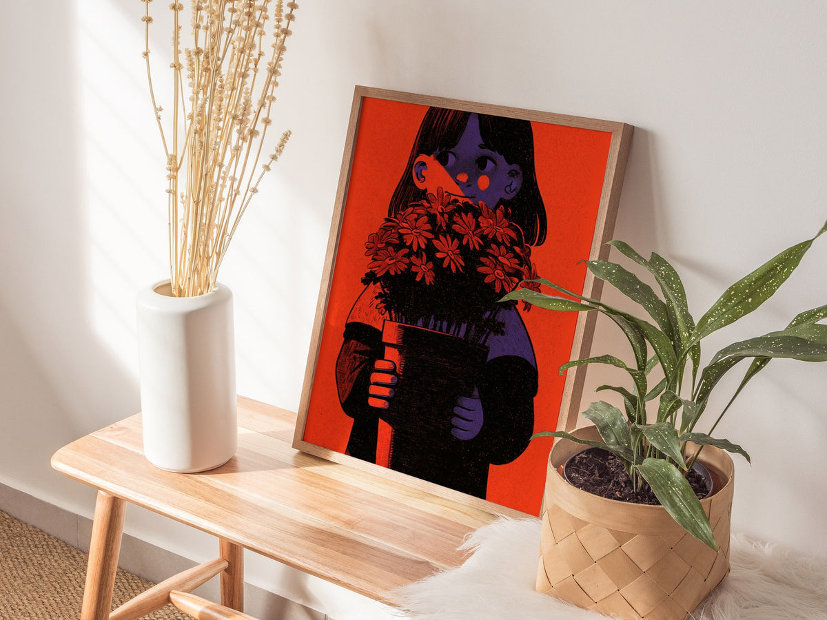 Girl Holds Blooms Poster | Coral and Purple Illustrative Art Print | Kids Room Wall Art — styled in an interior