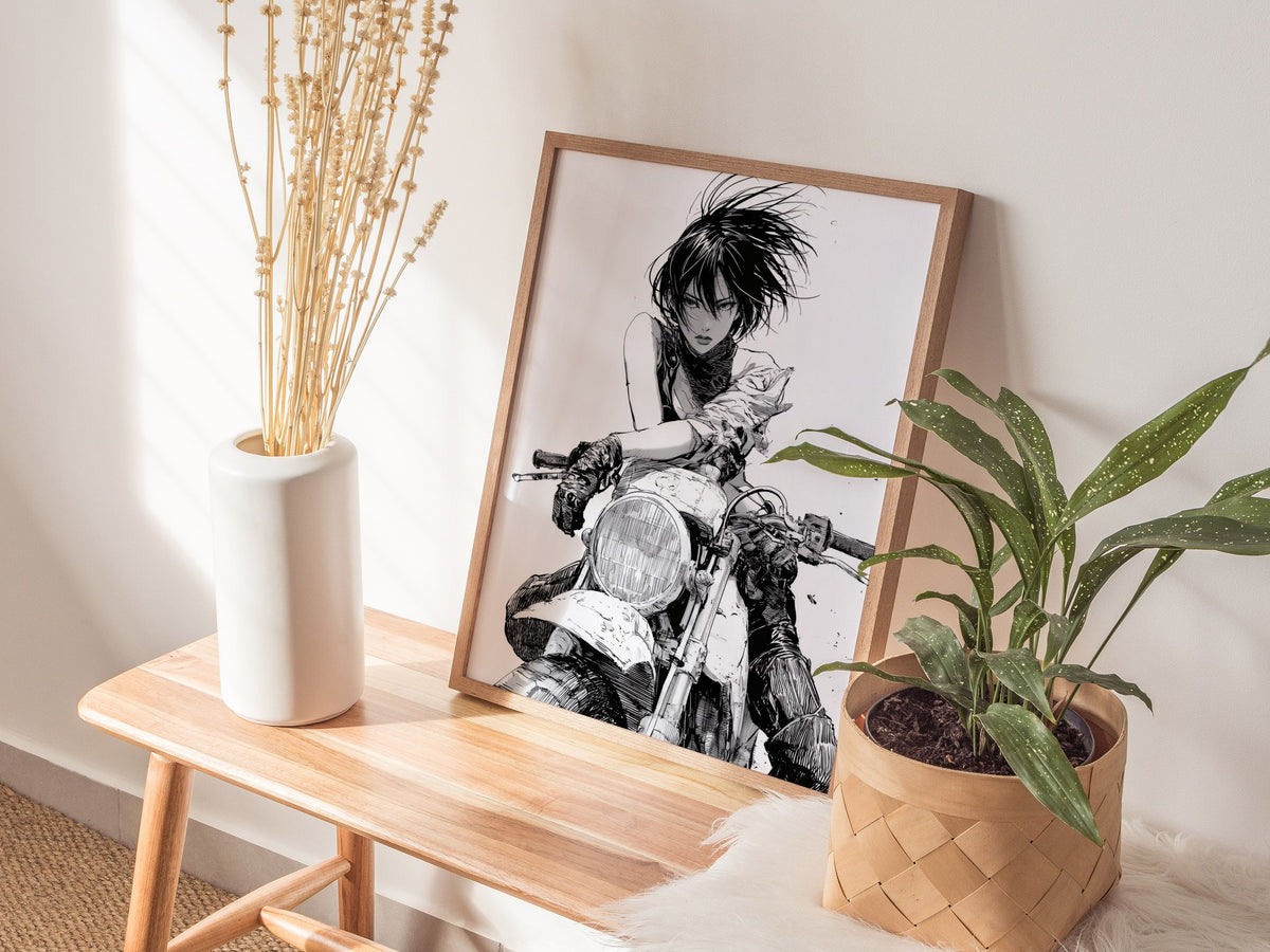 Rider Cuts Wind Poster | Black and White Pen and Ink Art Print | Moto Wall Art — styled in an interior