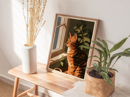Cat Watches Morning Poster | Warm Ochre Illustrative Art Print | Cat Lover Wall Art — styled in an interior