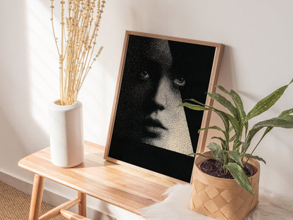 Face Emerging Light Poster | Black and Cream Pen and Ink Art Print | Dark Academia Wall Art — styled in an interior