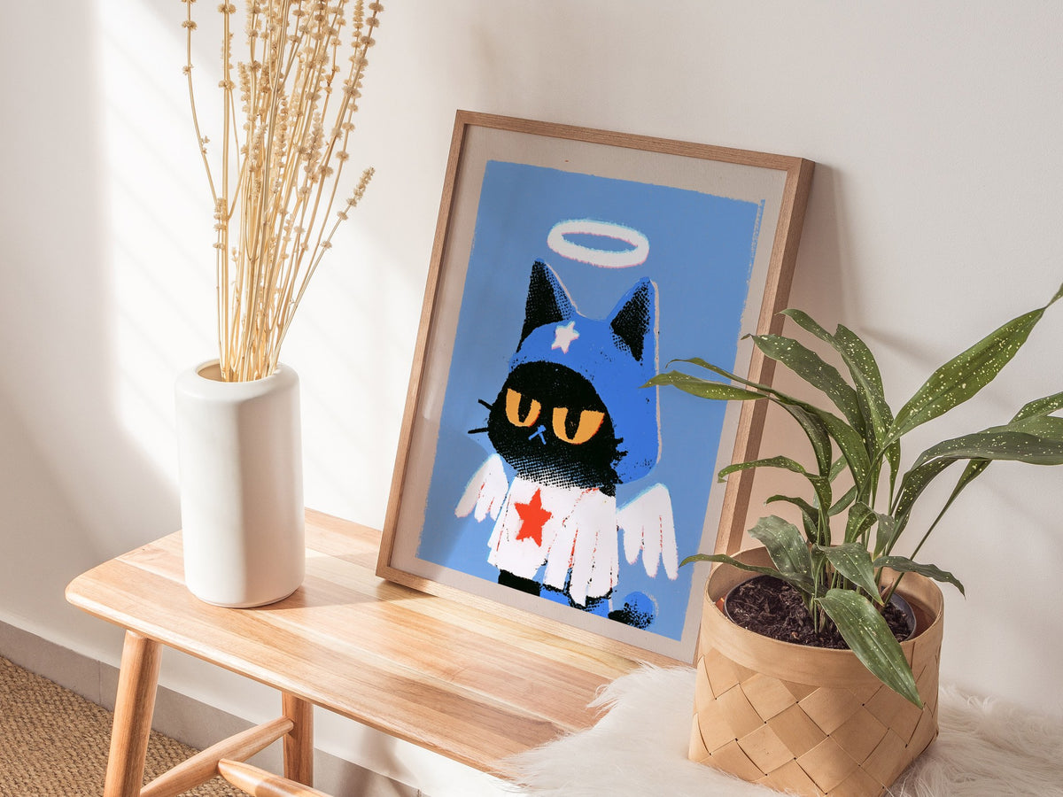 Angel Kitten Stands Poster | Blue and Orange Screen Print Art Print | Kids Room Wall Art — styled in an interior