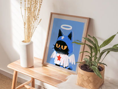 Angel Kitten Stands Poster | Blue and Orange Screen Print Art Print | Kids Room Wall Art — styled in an interior