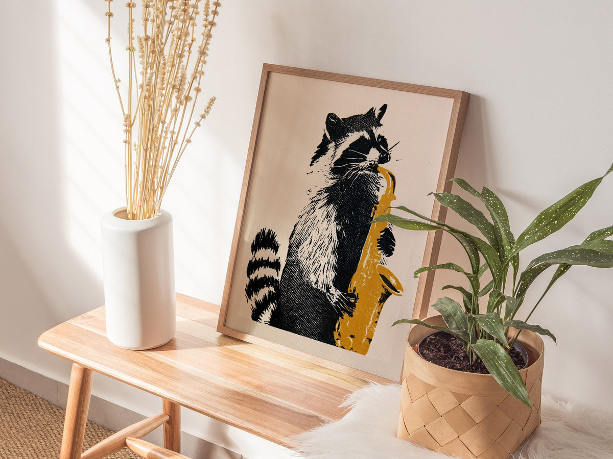 Raccoon Plays Saxophone Poster | Black and Yellow Screen Print Art Print | Music Lover Wall Art — styled in an interior